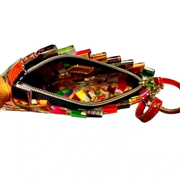 Nahui Ollin candy wrapper wristlet recycled colorful wrappers red zip 7.5 x 4.5” - Picture 2 of 7